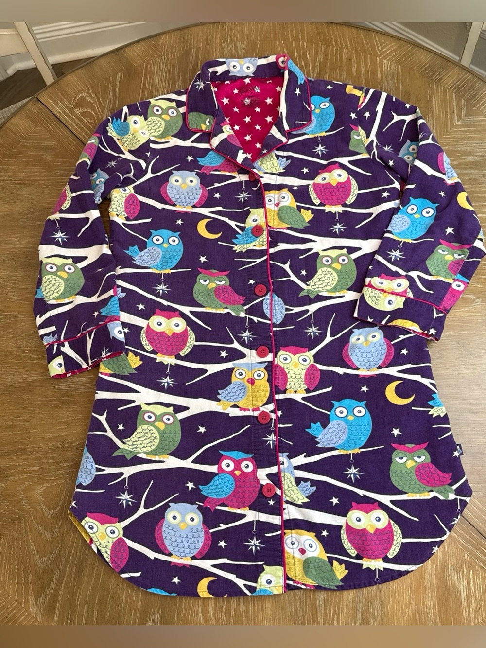 Nick and Nora women's flannel sleepshirt long-sleeve owl print pockets purple